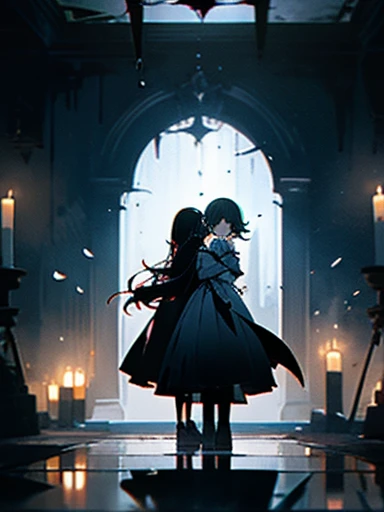 Create an image featuring two girls in a dark, candle-lit basement, One girl is (visibly crying and sad), overwhelmed by her emotions, The other girl is (magical girl who has succumbed to evil), (she stands behind the crying girl), her expression sinister as she attempts to turn the jewel on her chest black, symbolizing her fall from grace. The basement should be dimly lit, with numerous candles scattered on the floor, casting eerie shadows and creating a somber, mysterious atmosphere. The contrast between the two girls, one in despair and the other embodying darkness, should be striking and emotionally impactful.