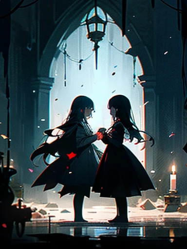 Create an image featuring two girls in a dark, candle-lit basement, One girl is (visibly crying and sad), overwhelmed by her emotions, The other girl is (magical girl who has succumbed to evil), (she stands behind the crying girl), her expression sinister as she attempts to turn the jewel on her chest black, symbolizing her fall from grace. The basement should be dimly lit, with numerous candles scattered on the floor, casting eerie shadows and creating a somber, mysterious atmosphere. The contrast between the two girls, one in despair and the other embodying darkness, should be striking and emotionally impactful.