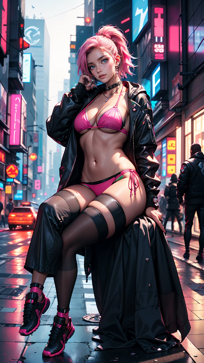 A woman in a pink bikini and a black jacket is sitting on the street, Cyberpunk art style, Cyberpunk 20. Model Girl, hyper-realistic Cyberpunk Style, Cyberpunk atmosphere, Cyberpunk Style , Surreal, Cyberpunk beautiful girl, Cyberpunk art ultrarealistic 8k, Cyberpunk Girl, Cyberpunk art, Cyberpunk Anime Girl, in Cyberpunk Style, cyberpunk judy alvarez