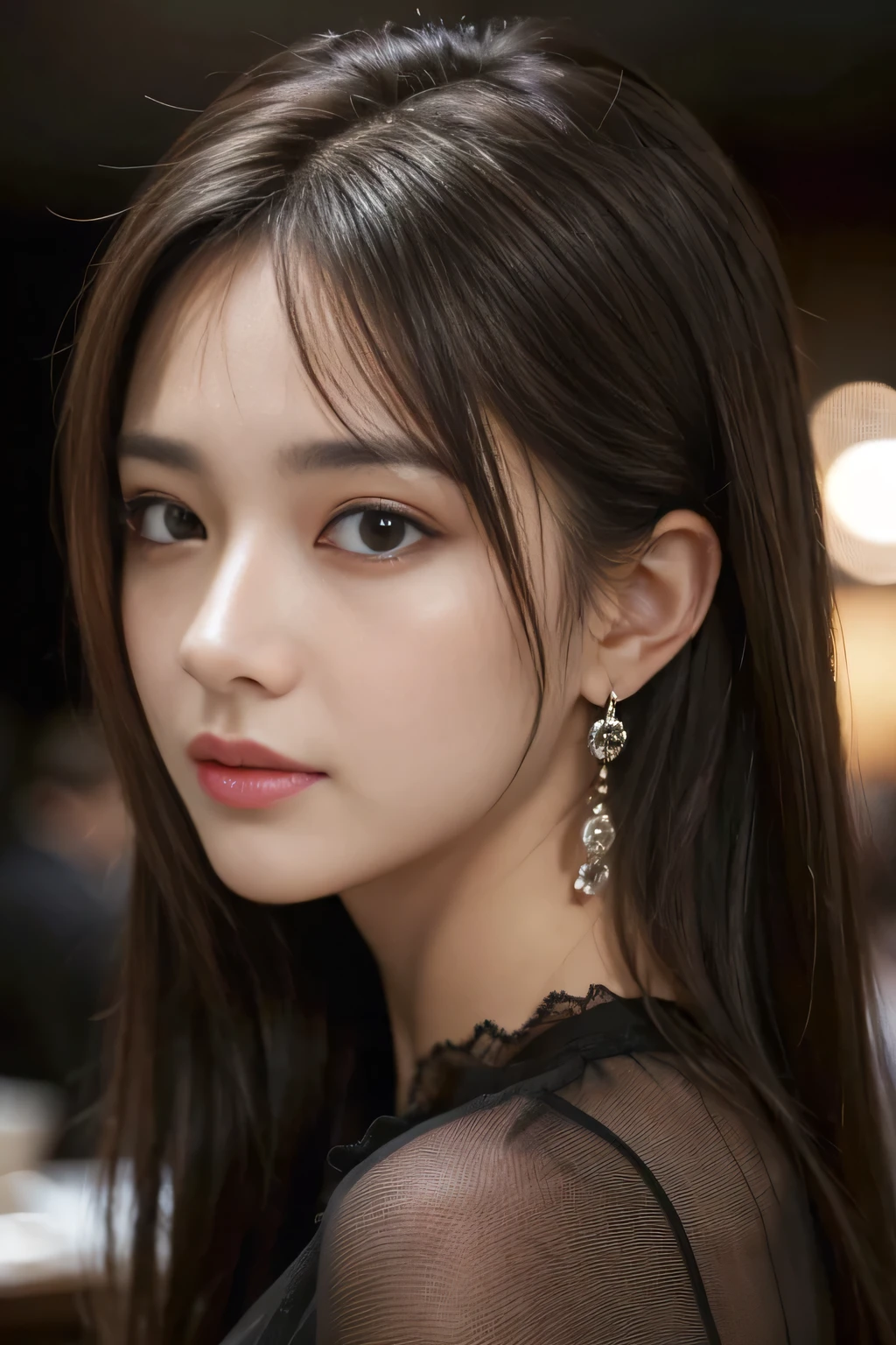 masterpiece, highest quality, Realistic, Very detailed, Finer details, High resolution, 8k wallpaper, One beautiful woman, Wear a black see-through shirt, In a great restaurant, At night, Light brown messy hair, Perfect dynamic composition, Beautiful and beautiful eyes、Big earrings