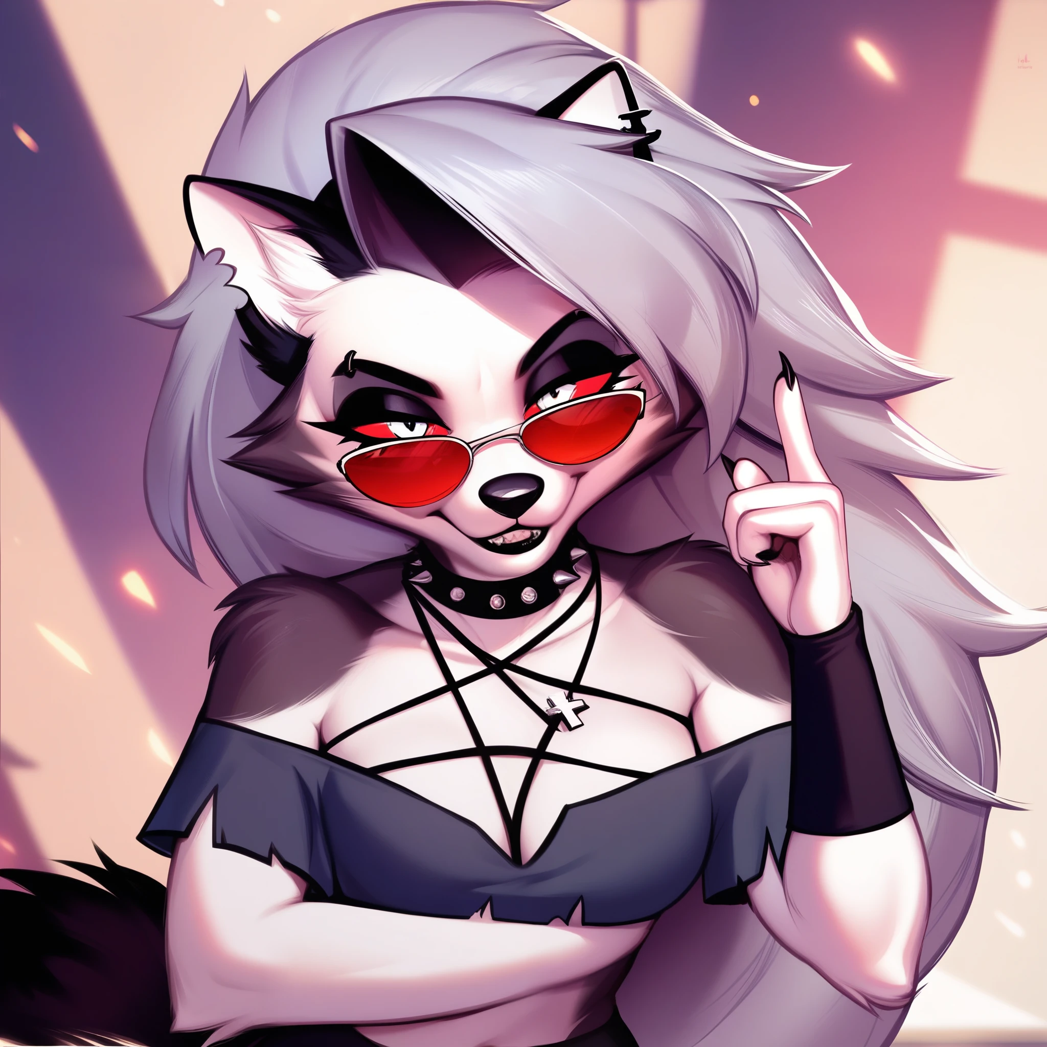 score_9, score_8_up, score_7_up, score_6_up, safe content, by vivzmind, mammal, canid, canid demon, demon, anthro, female, solo, eyewear, jewelry, necklace, helluva boss, gesture, hellhound, loona, choker, sunglasses, goth, official art, inverted cross, instagram