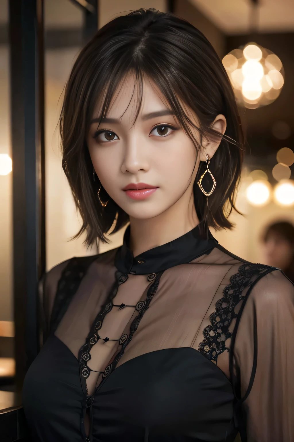masterpiece, highest quality, Realistic, Very detailed, Finer details, High resolution, 8k wallpaper, One beautiful woman, Wear a black see-through shirt, In a great restaurant, At night, Light brown shaggy haircut, Perfect dynamic composition, Beautiful and beautiful eyes、Big earrings