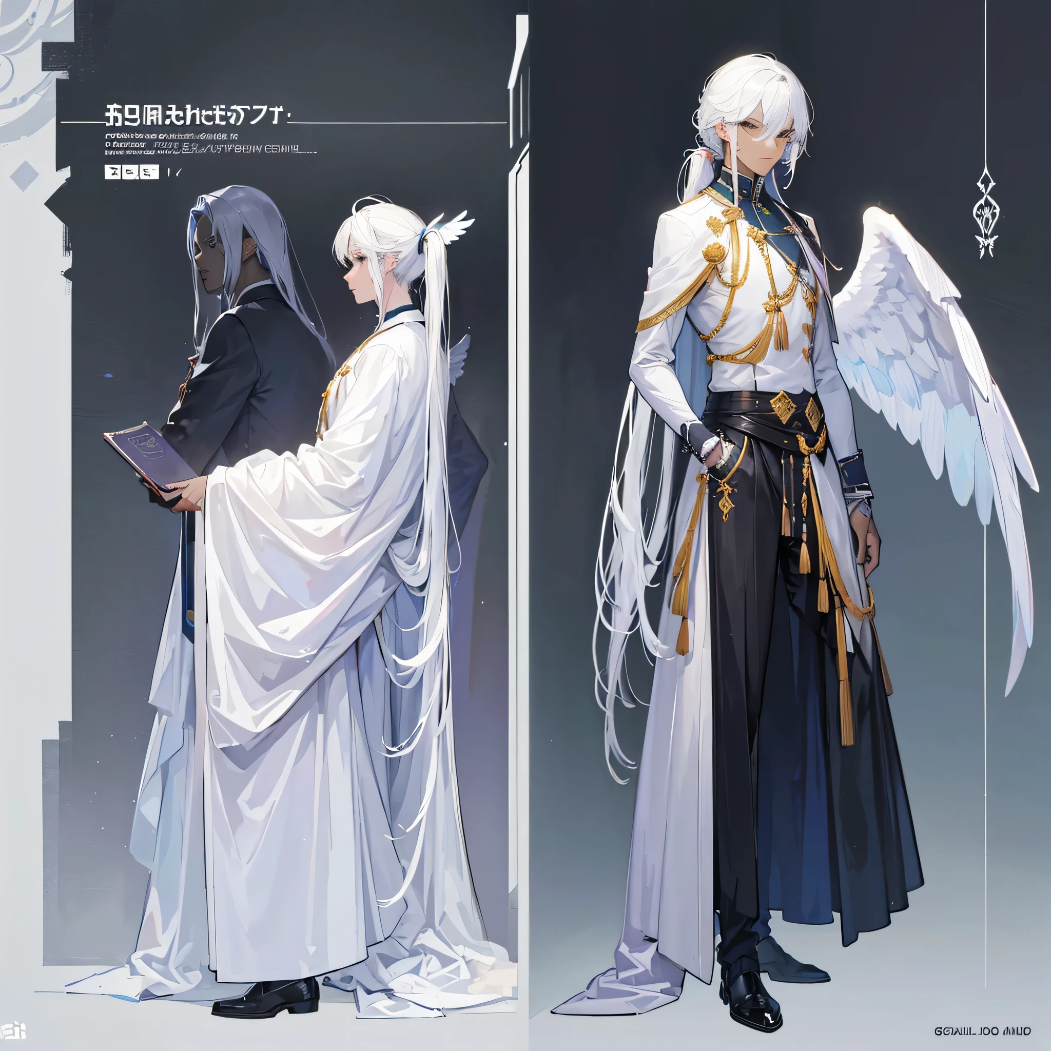 ((Masterpiece, Highest quality)), Male, boy, Detailed face, character design sheet,full bodyesbian, Full of details, frontal body view, back body view, Highly detailed, character sheet, reference sheet, character design, Many parts, dark skin, angel wings, white hair, angel outfit, Muscle boy with white long ponytail hair,handsome man, male angel , man tall,