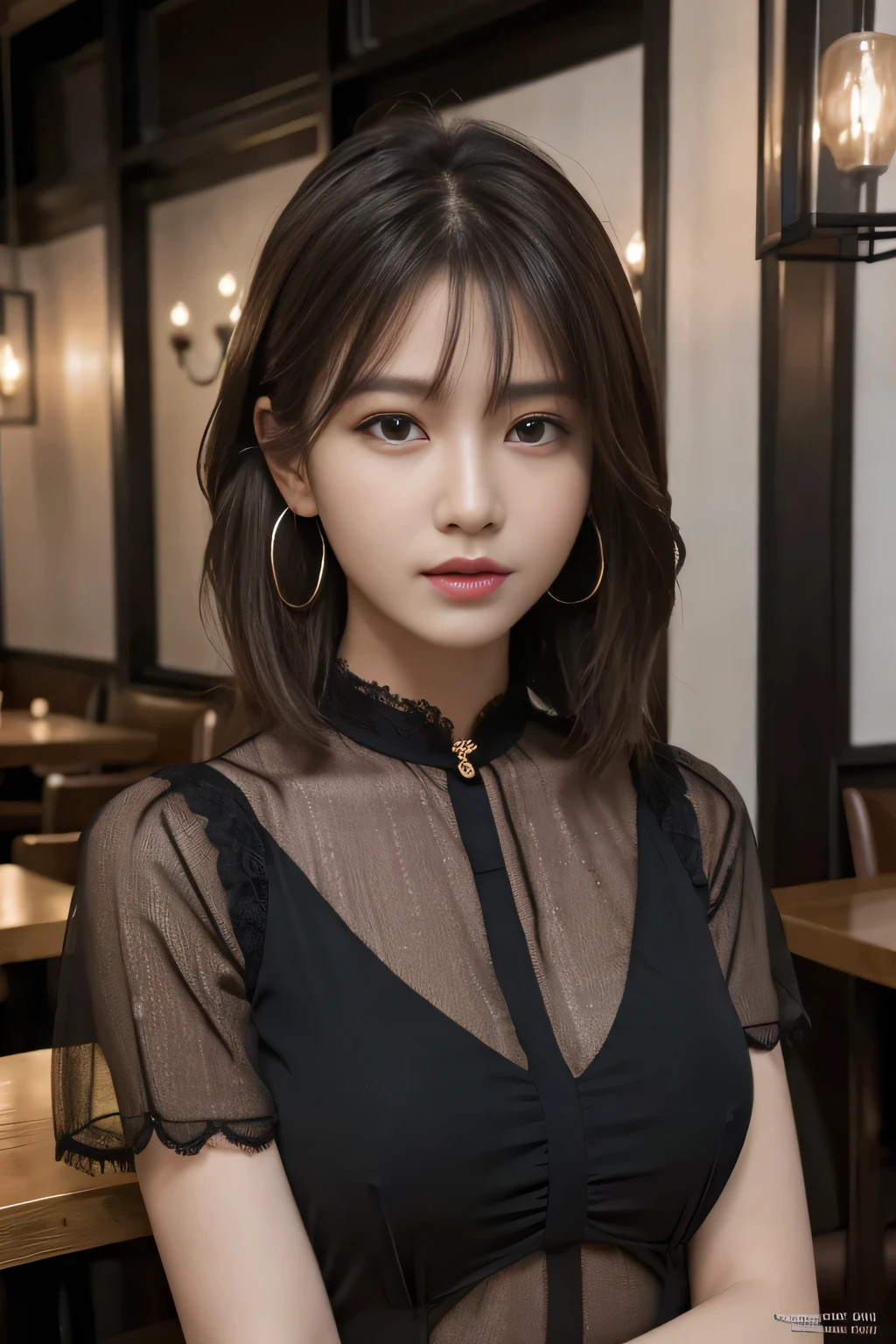 masterpiece, highest quality, Realistic, Very detailed, Finer details, High resolution, 8k wallpaper, One beautiful woman, Wear a black see-through shirt, In a great restaurant, At night, Light brown shaggy haircut, Perfect dynamic composition, Beautiful and beautiful eyes、Big earrings