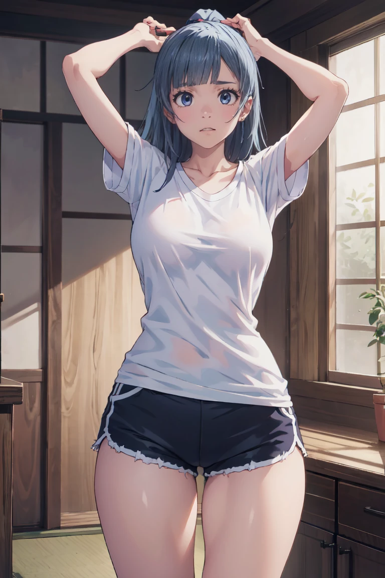 (extremely detailed CG unity 8k wallpaper),(masterpiece),(best quality),(ultra-detailed),(best illustration),(best shadow),(absurdres), Kasumi, 1girl, solo, blue hair, long hair, blue eyes, holding, bangs, blunt bangs, indoors, upper body, straight hair, white graphic tshirt, collarbone, Standing in bedroom , large breasts, Extremely wide hips, thick thighs, facing camera, looking at viewer, (wide hips), beautiful japanese garden background, dolfine shorts, dshorts, lips seperated, cleavege, athletic shorts, Extremely tight shorts,booth shorts, perfect face, kasumi miwa, miwa, handsome on head, arms up, sweating ,hot, ponytail,36 year old mature woman, medium breasts, lips seperated, beautiful lips, shiny lips, delicate lips, Extremely short shorts, overisezed shirt, shirt going down to hips