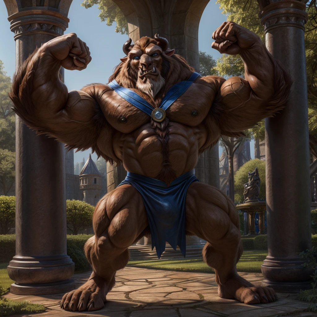 A photorealistic image of the Beast from the movie Beauty and the Beast, super muscular giant, with muscular arms, broad shoulders, giant toned physique, bursting muscle veins, blue eyes, a tail, super hairy with brown fur, wearing glasses, wearing a uniform yellow and black of the x-men, doing training on his back, with his veins popping out, barefoot, in the garden of his castle, lifting extremely heavy weights, showing his strength