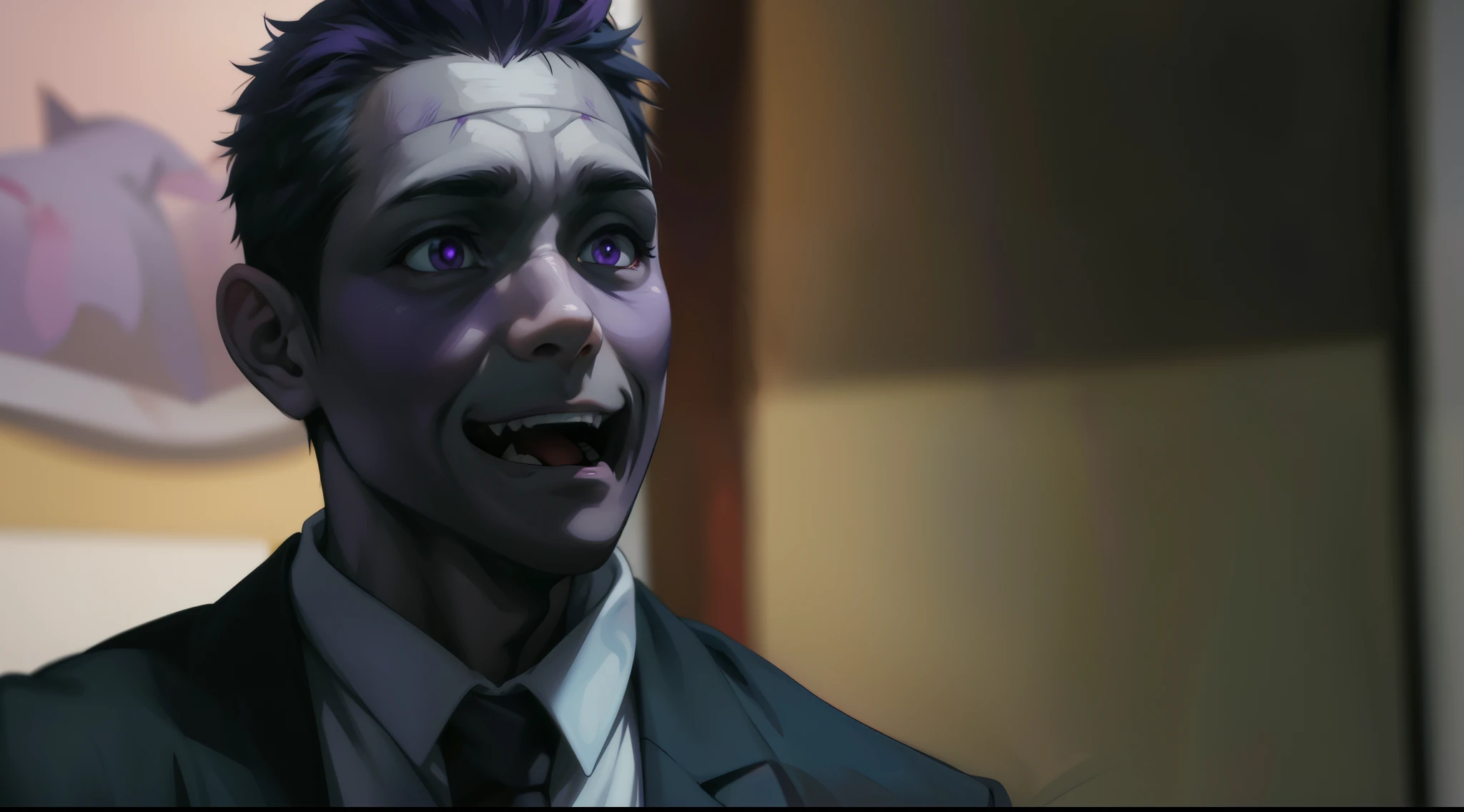 (estilo anime 2d plano)cute 16 year old boy speaks evil with hate with a mischievous smile malevolent irony purple hair purple eyes aura of evil he is dangerous murderer
