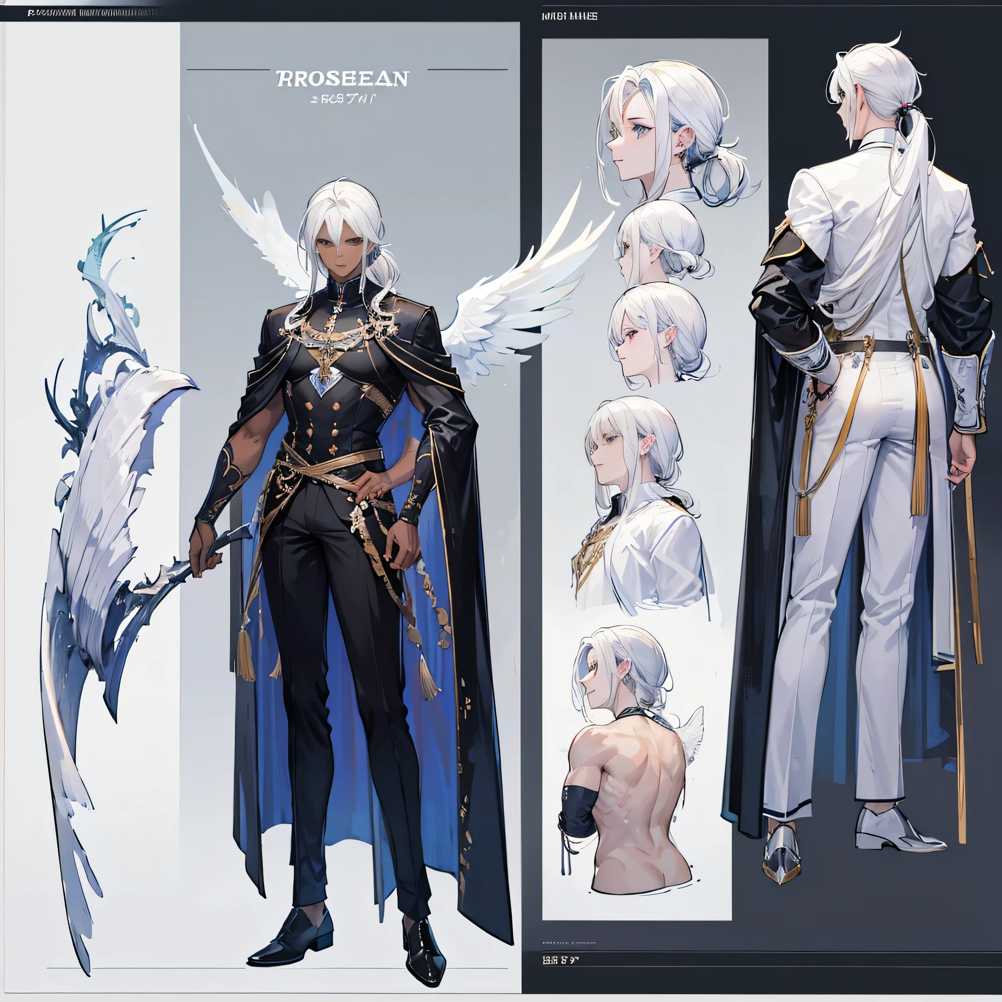((Masterpiece, Highest quality)), Male, boy, Detailed face, character design sheet,full bodyesbian, Full of details, frontal body view, back body view, Highly detailed, character sheet, reference sheet, character design, Many parts, dark skin, angel wings, white hair, angel outfit, Muscle boy with white long ponytail hair,handsome man, male angel , man tall,