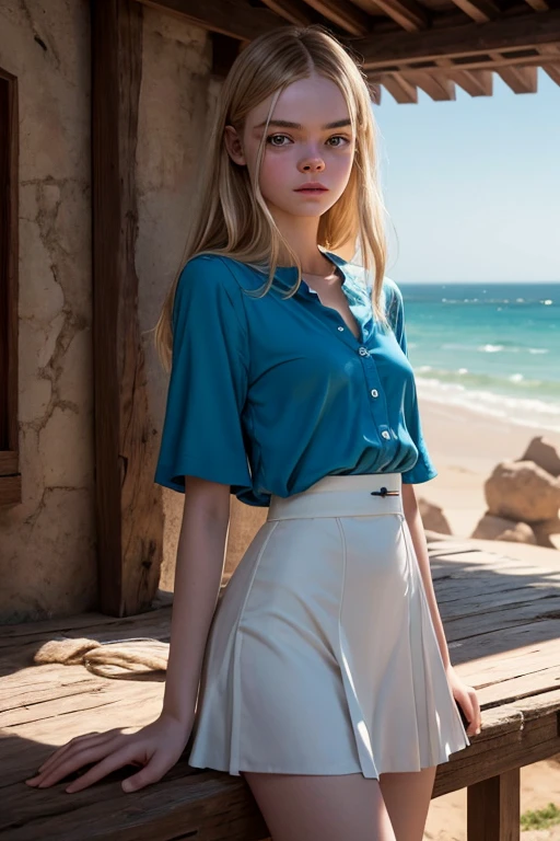 Elle Fanning, imagen ultrarealista de alta calidad de una adolesente, The ager has small breasts, senos visibles, vagina visible, vagina ultra detalladathe teen has brown hair, ojos azul, piel blanca, small breasts,senos visibles, vagina visible, la adolesente esta parada sobre una torre