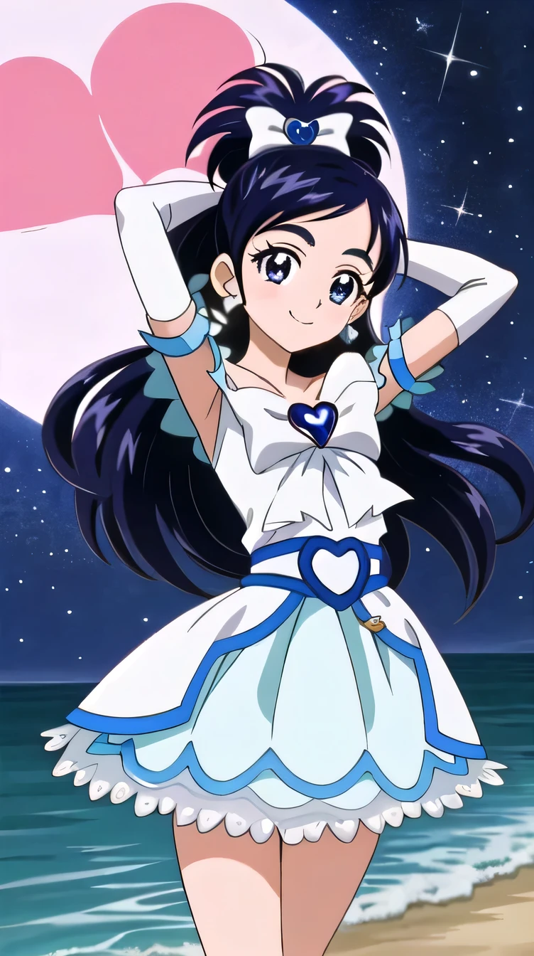 (masterpiece), best quality, (cel anime), highest quality, ((high detail:1.2)), (HDR), (cinematic light:1.1), highres, (5 fingers:1.2), (ultimate cute girl), highres, 1girl, solo, (curewhite:1.5),(little girl:1.5), high quality, solo, night sky, beach, arms behind head, contrapposto, closed mouth, spread armpits, (cowboy shot:1.5), looking at viewer, smile,  half updo, jewelry,  earrings, dress, white dress, heart, brooch, magical girl, heart brooch, frills, ribbon, bow, black hair, leg warmers, arm warmers, blue hair, heart earrings, black eyes, gloves, hair ornament, smile,