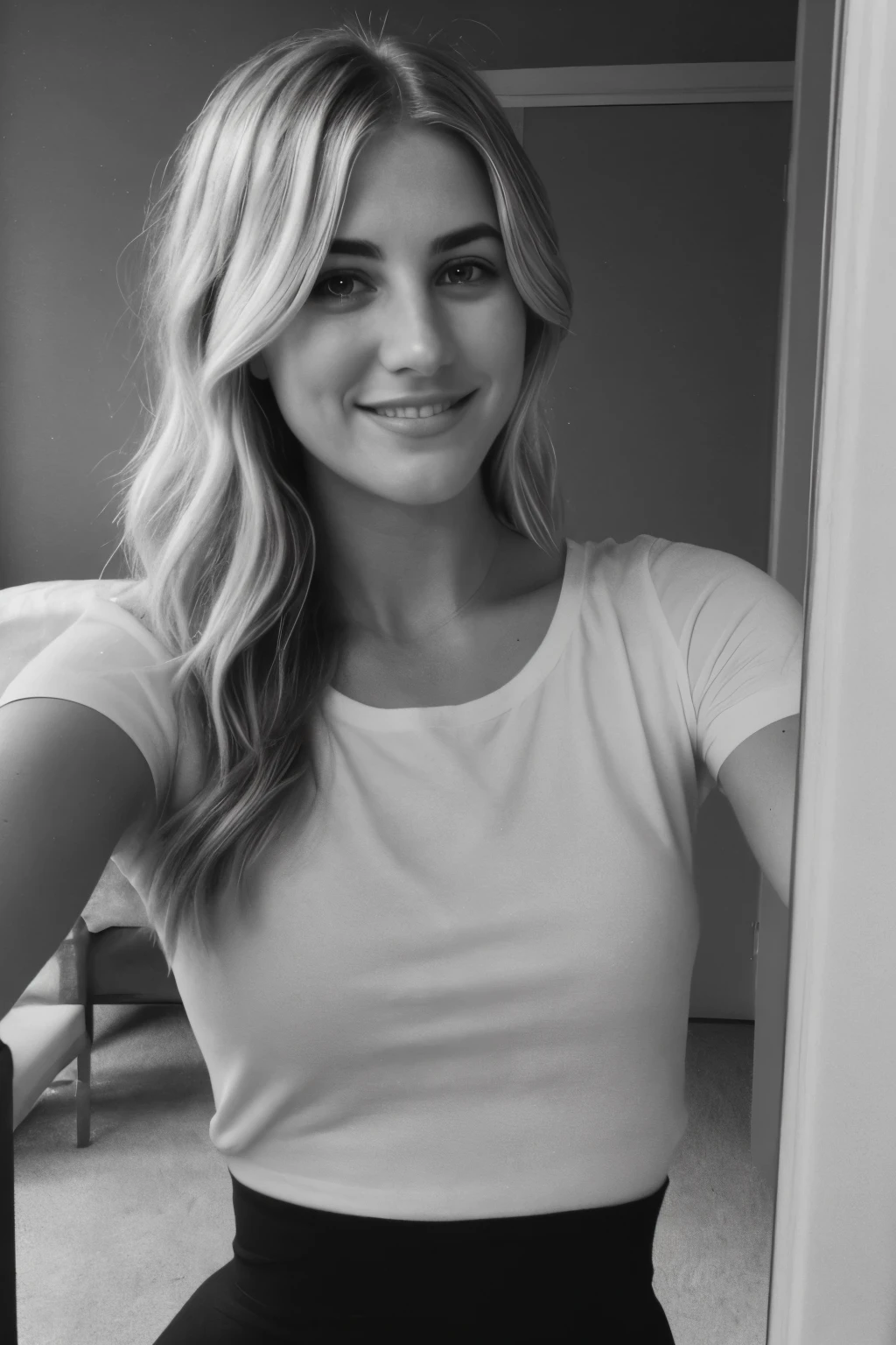 a selfie of a 25 year old girl, (Kaley Cuoco:0.8),  (Camilla Belle:0.9), (eugenie bouchard), taken with iphone camera , smirk, arm raised, beauty, beautiful girl, black and white photography, hard contrast, hard shadows, t-shirt dress,