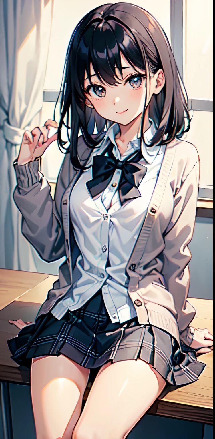 Super delicate and cute girl with black hair、soio、a junior high school student、14years、8K Ultra High Definition、Delicate texture、 Medium Hair、flat chest、(((Plaid mini skirt)))、(((Wear a cardigan over a collared shirt)))、high socks、Plain clothe、Smiling,spreading her legs,exposed panties,nsfw,middle breast,classroom,sitting on the desk,spreading legs open wide with knees bent,creating the shape of the letter M
