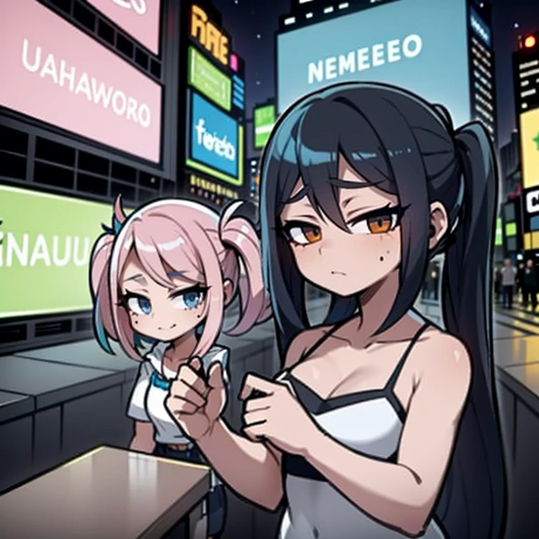 2 meninas、rainbow hair、parca、alpercatas、cabelos lisos、fones de ouvido、longo、(Sentado no meio da estrada)、a noite、neon、Times Square、ciberpunk、Harajuku、Pirulitos、garota da escola、Uma minissaia、colorido