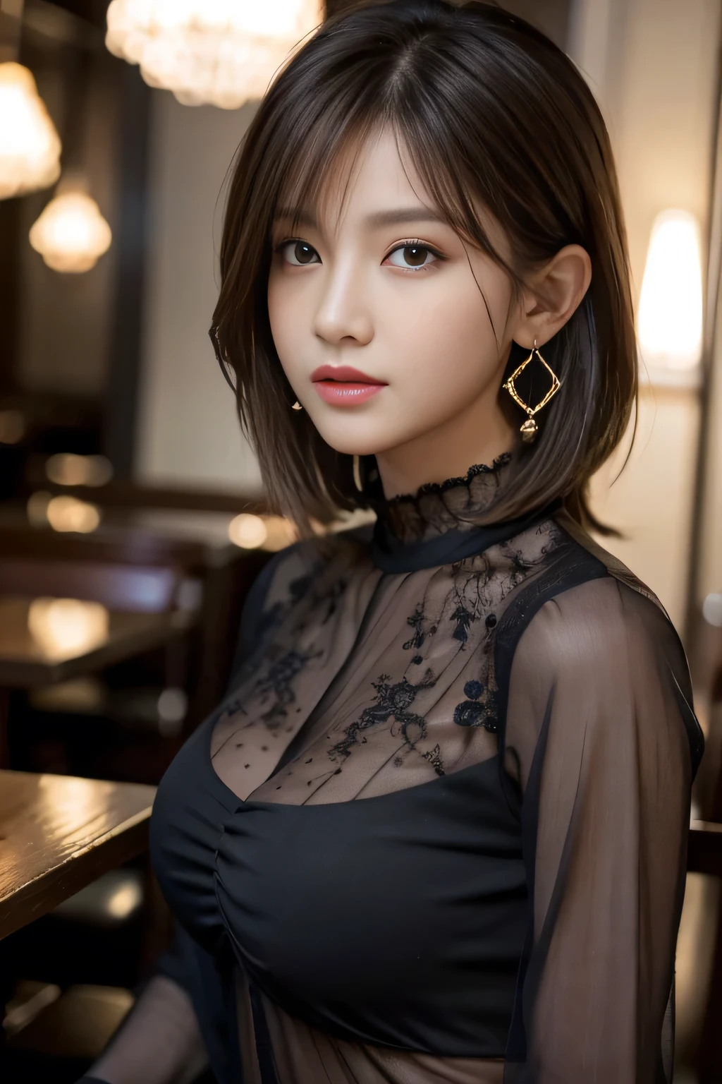 masterpiece, highest quality, Realistic, Very detailed, Finer details, High resolution, 8k wallpaper, One beautiful woman, Wear a black see-through shirt, In a great restaurant, At night, Light brown shaggy haircut, Perfect dynamic composition, Beautiful and beautiful eyes、Big earrings
