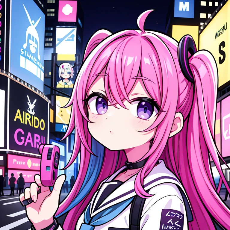 2 meninas、rainbow hair、parca、alpercatas、cabelos lisos、fones de ouvido、longo、(Sentado no meio da estrada)、a noite、neon、Times Square、ciberpunk、Harajuku、Pirulitos、garota da escola、Uma minissaia、colorido