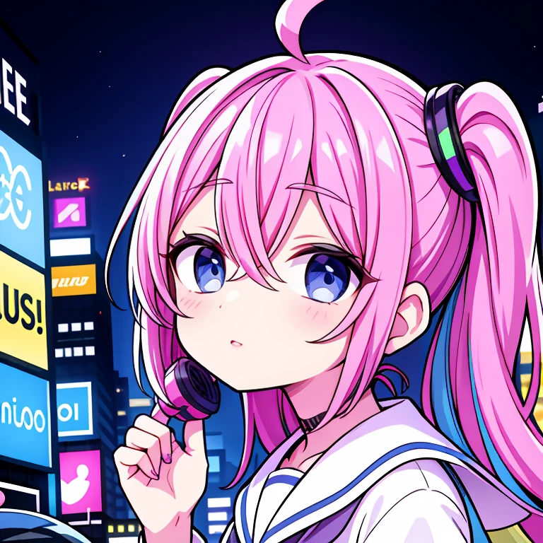 2 s、rainbow hair、parca、alpercatas、cabelos lisos、fones de ouvido、longo、(Sentado no meio da estrada)、a noite、neon、Times Square、ciberpunk、Harajuku、Pirulitos、garota da escola、Uma minissaia、colorido