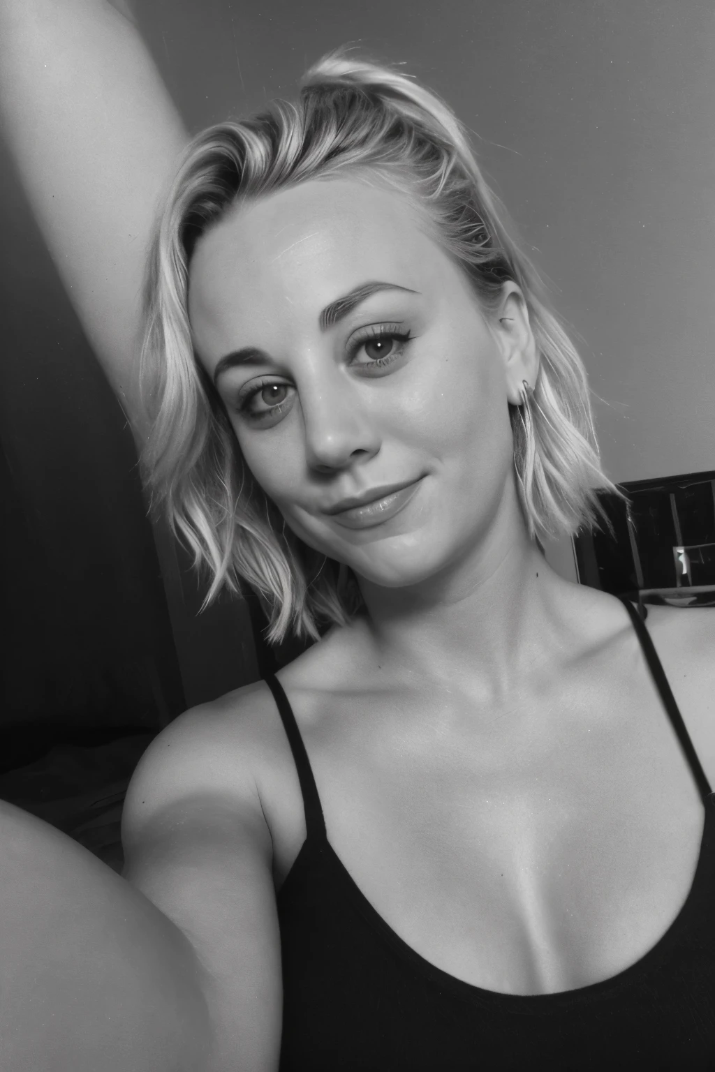 a selfie of a 19 year old Kaley Cuoco, taken with iphone camera , arm raised, party dresbeauty, beautiful girl, black and white photography, hard contrast, hard shadows, t-shirt dress, smirk, cute makeup