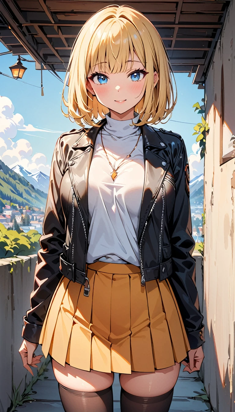 (highest quality, 4K, 8K High Resolution, masterpiece:1.2), Very detailed, one person, woman, (blonde, Medium Hair, Bobcut, blue eyes), Standing pose, Sexy vibe, Attractive breasts, Large Breastagic Hour, (leather jacket, mini skirt, Black Stockings), Emphasis on individuality and uniqueness, Beautiful and beautiful eyes, Beautiful lip detail, Long eyelashes, Bright colors, Photo Spot, In front of a white wall, Cowboy Shot, Soft and warm color palette.