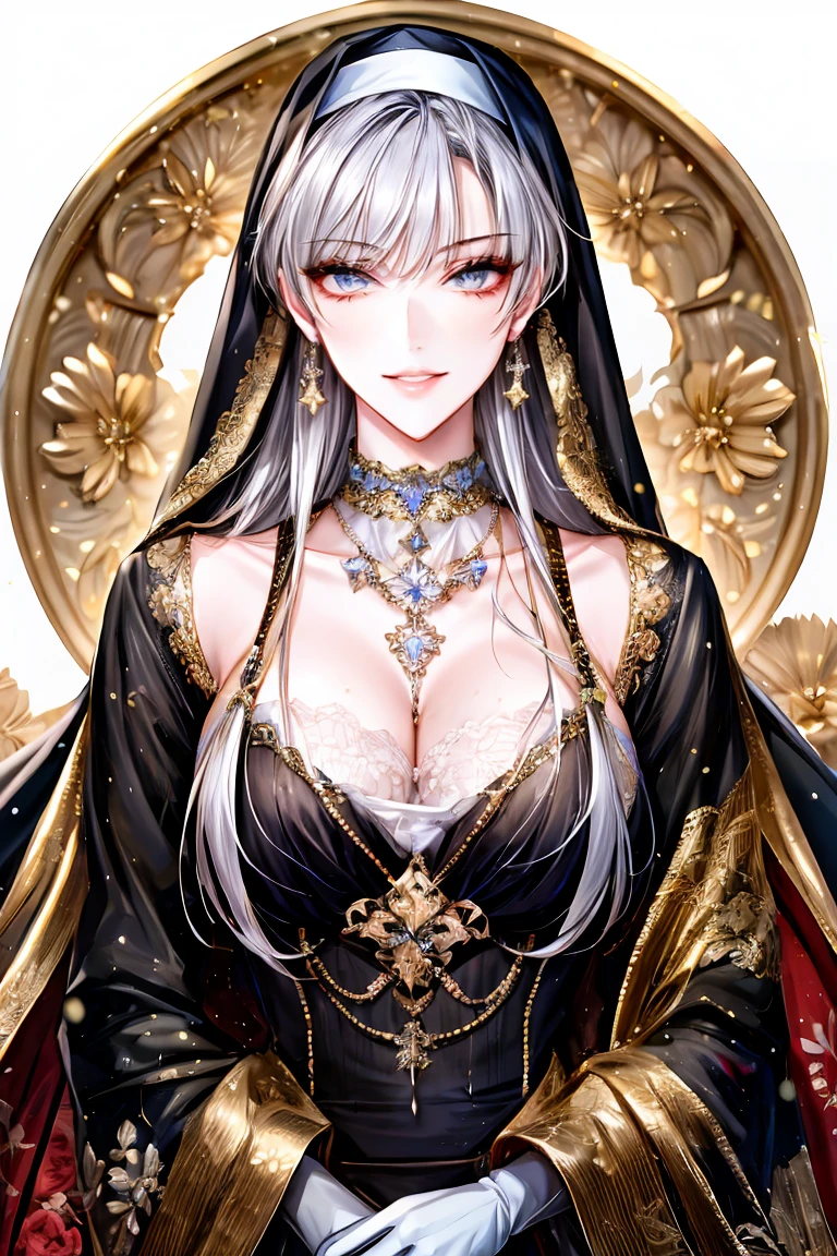 shoujo-style, (floral background, romance manhwa), 1girl, silver hair, solo, long hair, flower, cross, cape, nun, gloves, long sleeves, choker, gray eyes, mascara, makeup, blue bow, blue flower, bob cut, french braid, bow, bra, jewelry, looking at viewer, white background, collarbone, golden accessories, upper body, golden engraving, blunt bangs, jentle smile, detailed eyes, sparkle