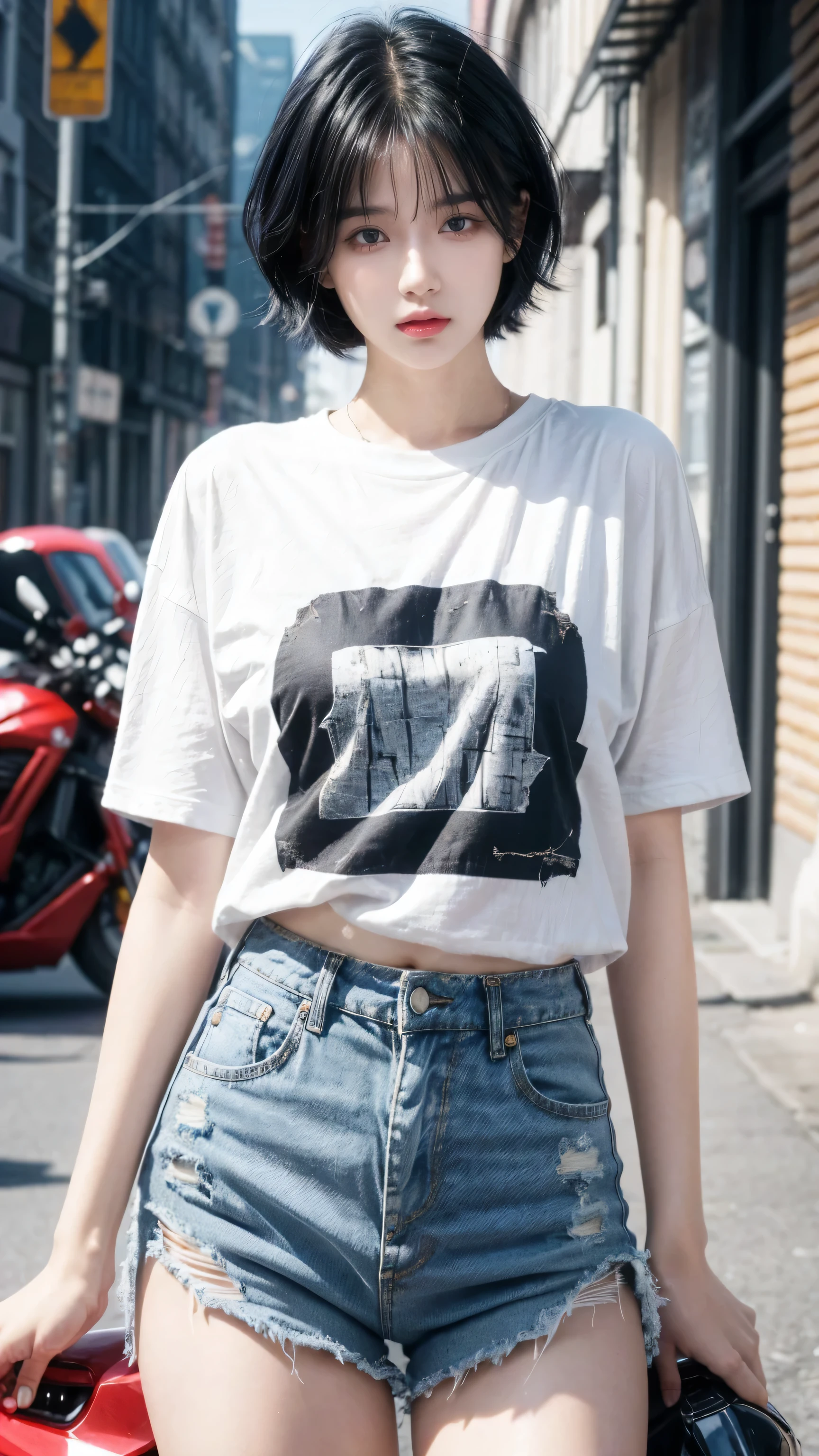 best quality, 1 Girl, dark blue hair, black eyes, Very short hair, Spiky hair, white oversize t-shirt, High waist short jeans, 171 cm, Messy hair, Hair between the eyes, Medium breasts, full, Tomboy, aldult, 20 years old, 1 Girl near red motorcycle