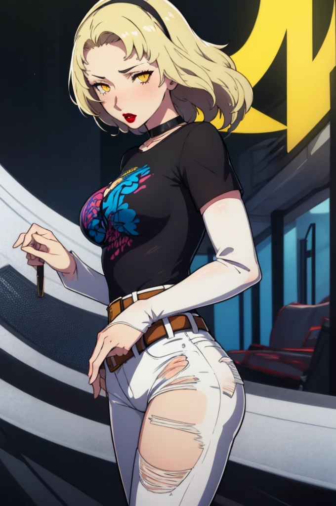 masterpiece, best quality,  margaretp4, blonde hair, long hair, yellow eyes, headband, 1girl, solo, standing, black t-shirt, white shirt, blue jeans, belt, lipstick, large breasts, layered sleeves