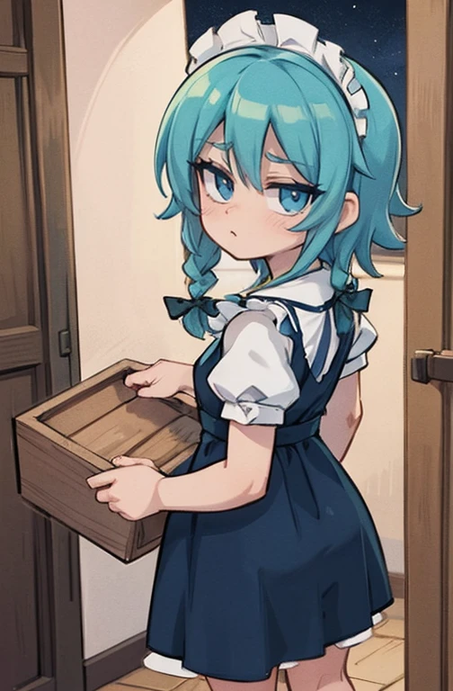 (Obra de arte, arte oficial), 1 garota, Sozinho, cabelo branco, side braids, olhos azuis, (Sakuya Izayoi:1.2), (housekeeper dress), (fechar-se), retrato, (housekeeper), standing, Vista de frente, in the mansion, Gensokyo, at night, escuro, luar, olhando para o espectador, (tronco), sorriso, sedutor, traje atraente, magro, delgado, seios grandes