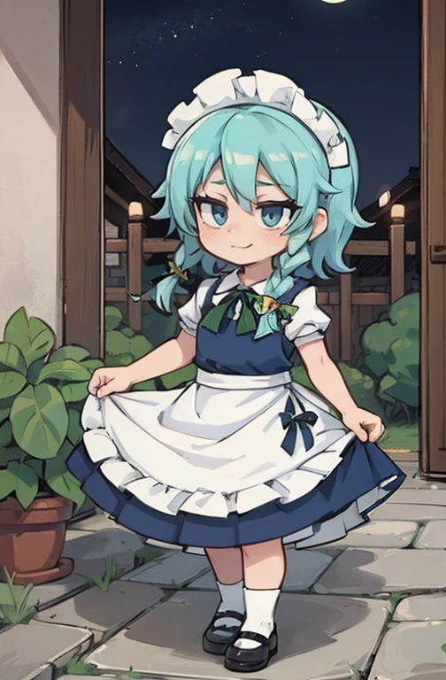 (Obra de arte, arte oficial), 1 garota, Sozinho, cabelo branco, side braids, olhos azuis, (Sakuya Izayoi:1.2), (housekeeper dress), (fechar-se), retrato, (housekeeper), standing, Vista de frente, in the mansion, Gensokyo, at night, escuro, luar, olhando para o espectador, (tronco), sorriso, sedutor, traje atraente, magro, delgado, seios grandes