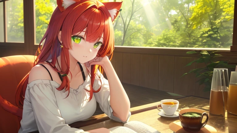 Peaceful landscape on a sunny day: girl, Cat ears growing out of his head,Wearing a tank top、Checking your smartphone while eating a parfait at a cafe,(girlの目の中には星がある:1.4),(Eye color: The right eye is yellow、The left eye is green:1.9), Take a relaxing break. Sunlight shining through the cafe window, Out of the window, I see a big tree with fresh green leaves.,Casting a warm glow on the scene. With a satisfied look, She watches the crowds pass by, Peace and tranquility surrounds her............ The intricate details of her face, Illuminated by the sunlight, Rendered in perfect quality, Each feature is highlighted by the best lighting............,(girlのCat ears growing out of his head:1.4);There is a book on the table, (Redhead:1.5),Add a relaxing feel to your images. This masterpiece, Rich texture,She has big cat earrings in her ears.,