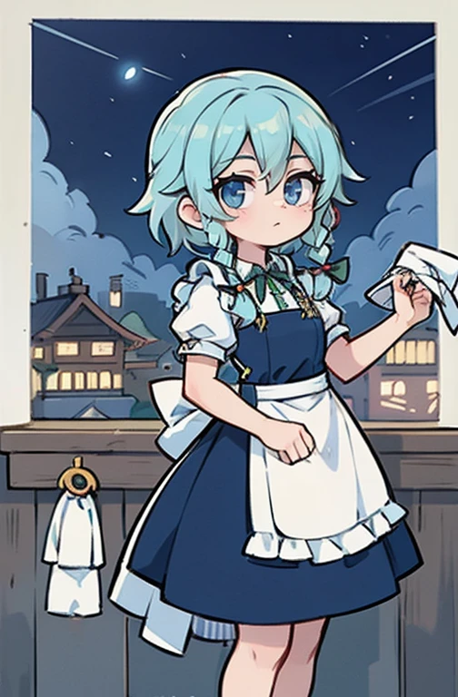 (Obra de arte, arte oficial), 1 garota, Sozinho, cabelo branco, side braids, olhos azuis, (Sakuya Izayoi:1.2), (housekeeper dress), (fechar-se), retrato, (housekeeper), standing, Vista de frente, in the mansion, Gensokyo, at night, escuro, luar, olhando para o espectador, (tronco), sorriso, sedutor, traje atraente, magro, delgado, seios grandes