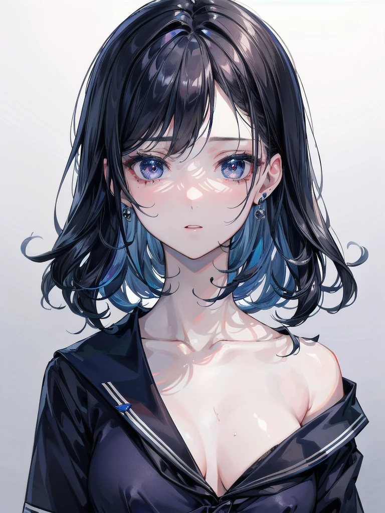 whole body, navy blue school_uniform, absurdres, RAW photo, extremely delicate and beautiful, masterpiece, Best Quality, ultra high resolution, 32k, hyperrealistic, ultra-detailed, perfect figure, detailed description, pale skin, 20 years old, detailed beautiful face and eyes, tearful mole, earring, short medium hair, wavy hair, 