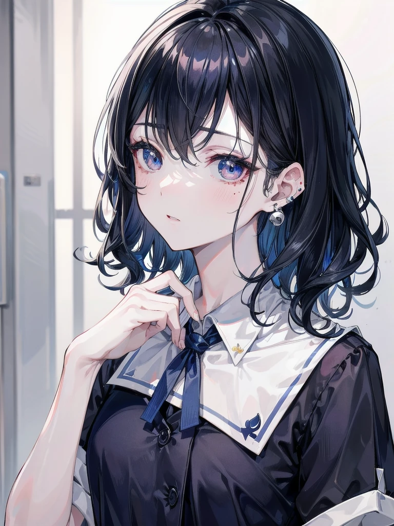 whole body, navy blue school_uniform, absurdres, RAW photo, extremely delicate and beautiful, masterpiece, Best Quality, ultra high resolution, 32k, hyperrealistic, ultra-detailed, perfect figure, detailed description, pale skin, 20 years old, detailed beautiful face and eyes, tearful mole, earring, short medium hair, wavy hair, 