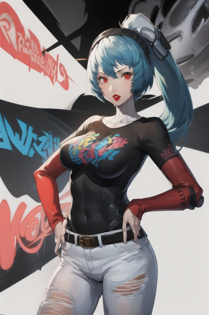 (masterpiece, best quality:1.2), labrys, ponytail, red eyes, 1girl, solo, standing, black t-shirt, white shirt, blue jeans, belt, lipstick, large breasts, layered sleeves