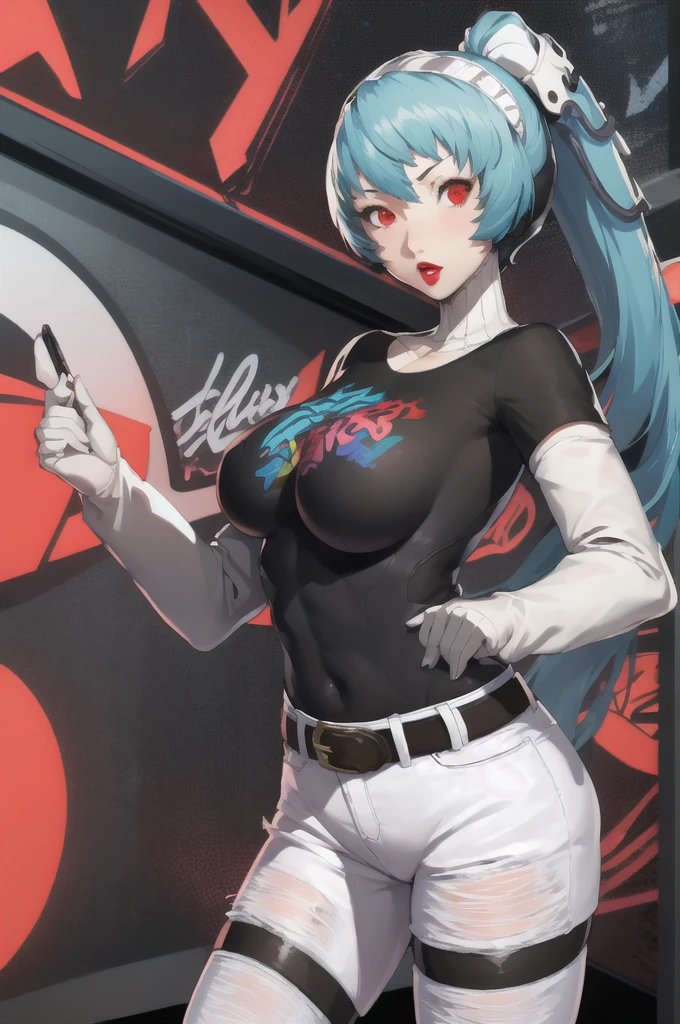 (masterpiece, best quality:1.2), labrys, ponytail, red eyes, 1girl, solo, standing, black t-shirt, white shirt, blue jeans, belt, lipstick, large breasts, layered sleeves