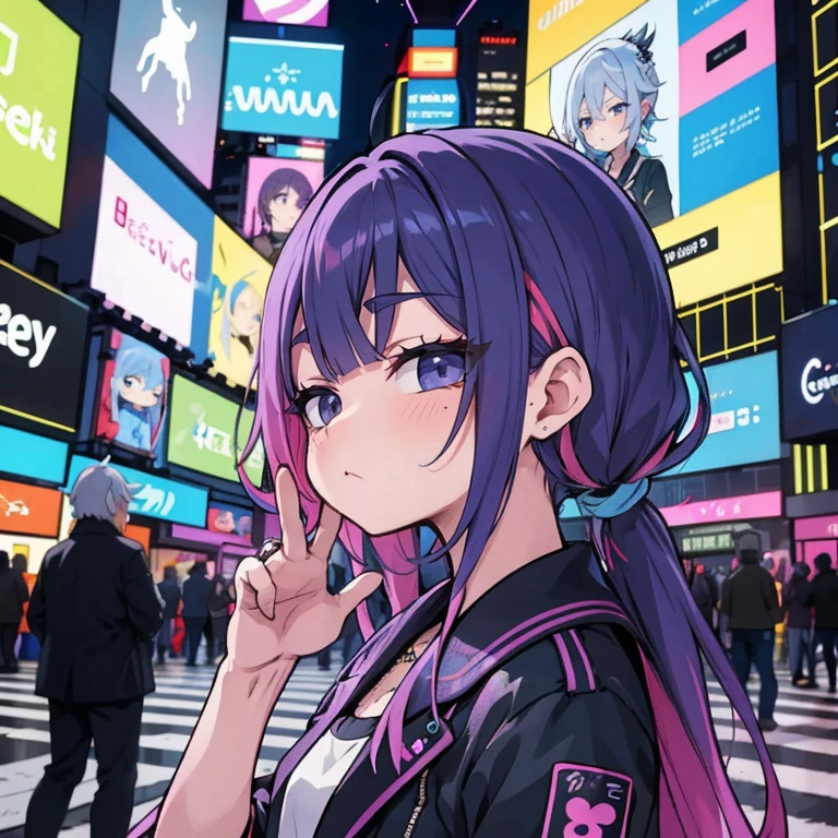 2 meninas、rainbow hair、parca、alpercatas、cabelos lisos、fones de ouvido、longo、(Sentado no meio da estrada)、a noite、neon、Times Square、ciberpunk、Harajuku、Pirulitos、garota da escola、Uma minissaia、colorido