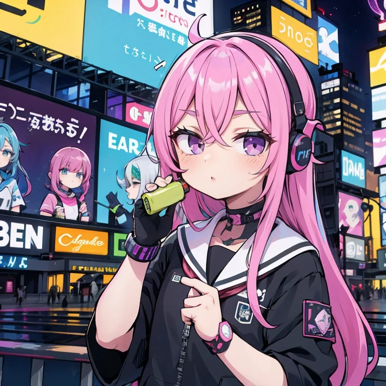 2 s、rainbow hair、parca、alpercatas、cabelos lisos、fones de ouvido、longo、(Sentado no meio da estrada)、a noite、neon、Times Square、ciberpunk、Harajuku、Pirulitos、garota da escola、Uma minissaia、colorido