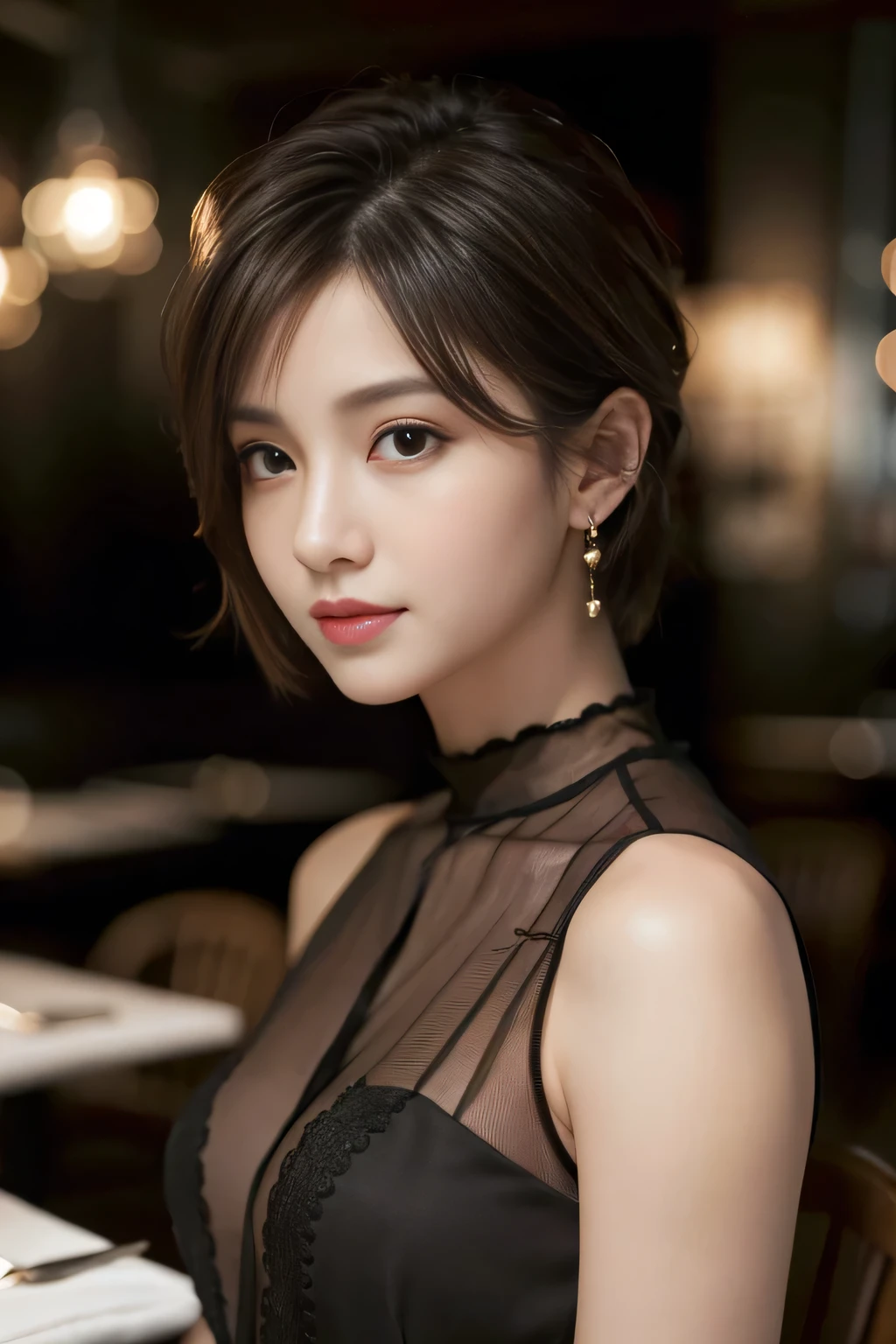 masterpiece, highest quality, Realistic, Very detailed, Finer details, High resolution, 8k wallpaper, One beautiful woman, Wear a black see-through shirt, In a great restaurant, At night, Light brown unkempt short hair, Perfect dynamic composition, Beautiful and beautiful eyes、Big earrings