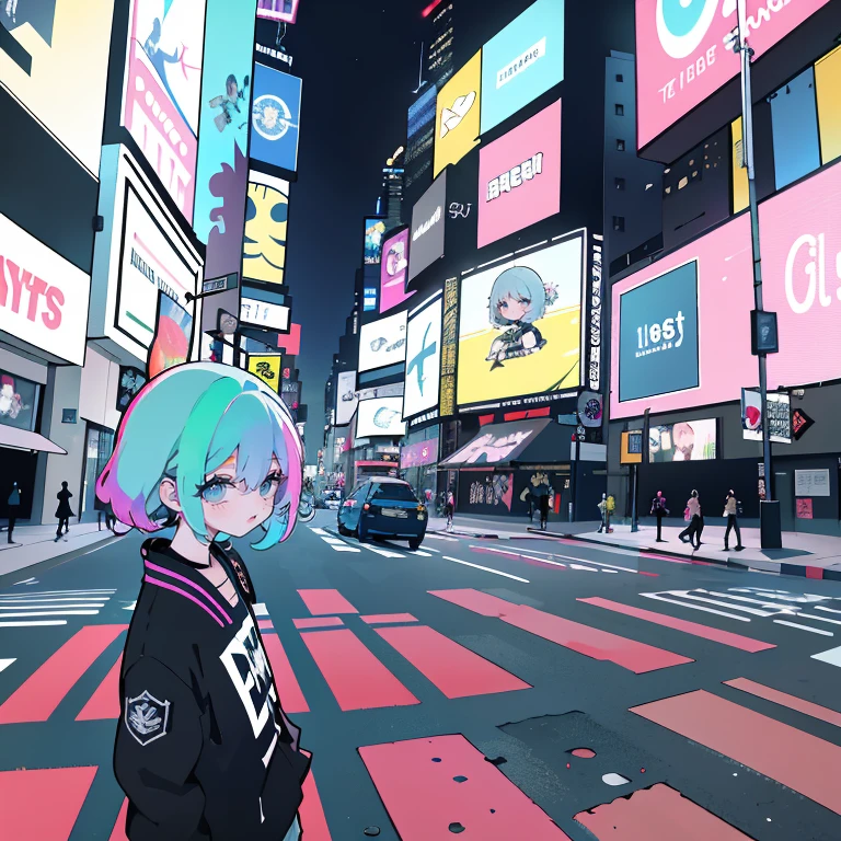 2 s、rainbow hair、parca、alpercatas、cabelos lisos、fones de ouvido、longo、(Sentado no meio da estrada)、a noite、neon、Times Square、ciberpunk、Harajuku、Pirulitos、garota da escola、Uma minissaia、colorido