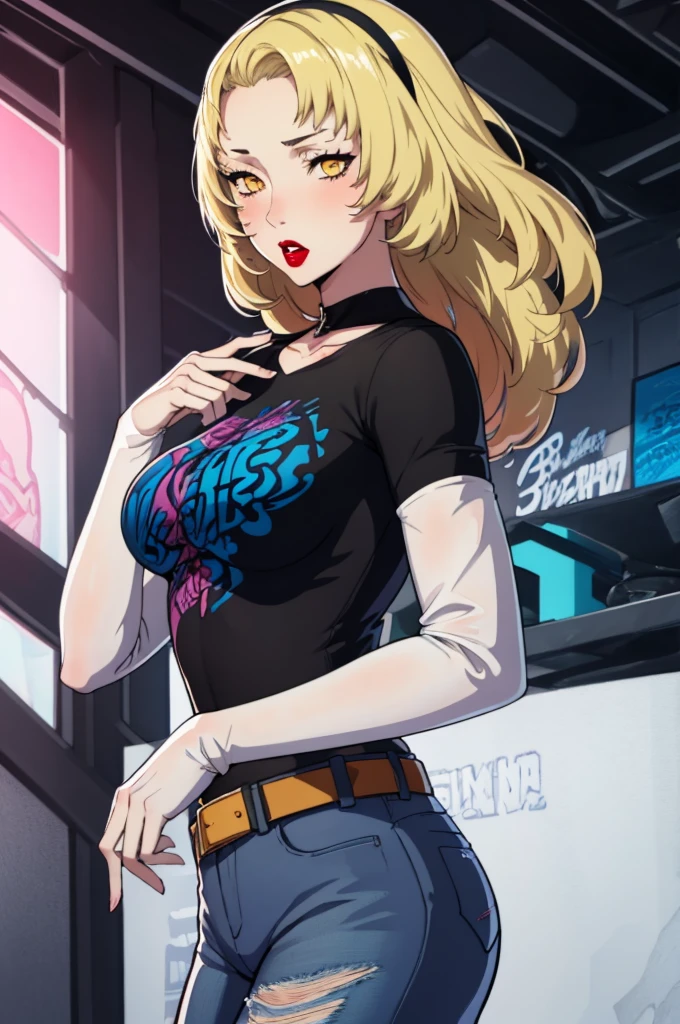 masterpiece, best quality,  margaretp4, blonde hair, long hair, yellow eyes, headband, 1girl, solo, standing, black t-shirt, white shirt, blue jeans, belt, lipstick, large breasts, layered sleeves