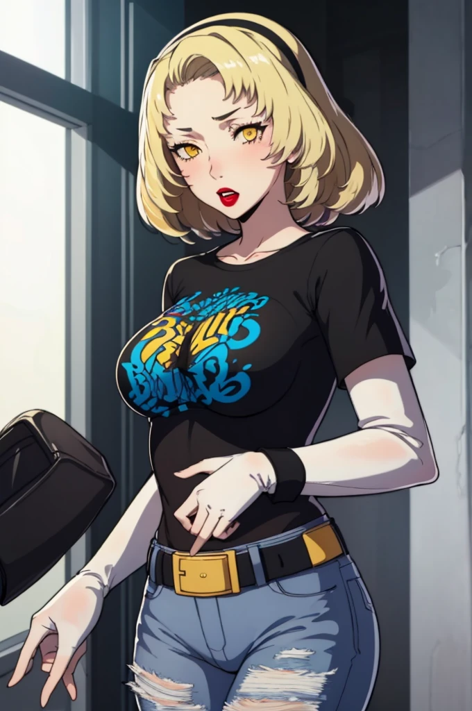 masterpiece, best quality,  margaretp4, blonde hair, long hair, yellow eyes, headband, 1girl, solo, standing, black t-shirt, white shirt, blue jeans, belt, lipstick, large breasts, layered sleeves