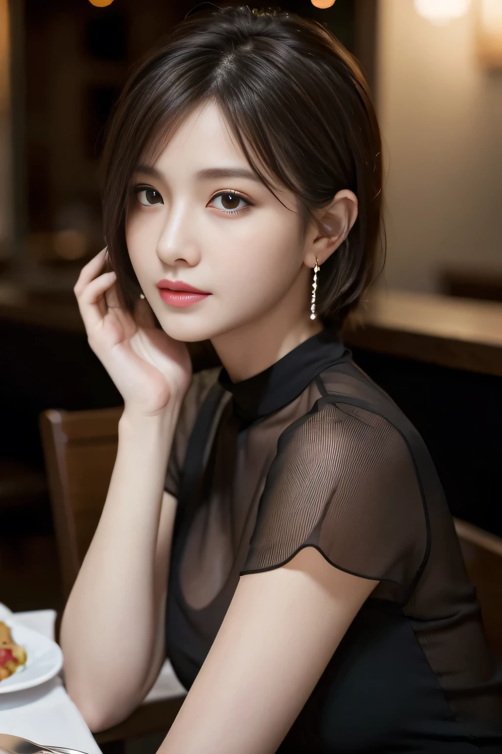 masterpiece, highest quality, Realistic, Very detailed, Finer details, High resolution, 8k wallpaper, One beautiful woman, Wear a black see-through shirt, In a great restaurant, At night, Light brown unkempt short hair, Perfect dynamic composition, Beautiful and beautiful eyes、Big earrings