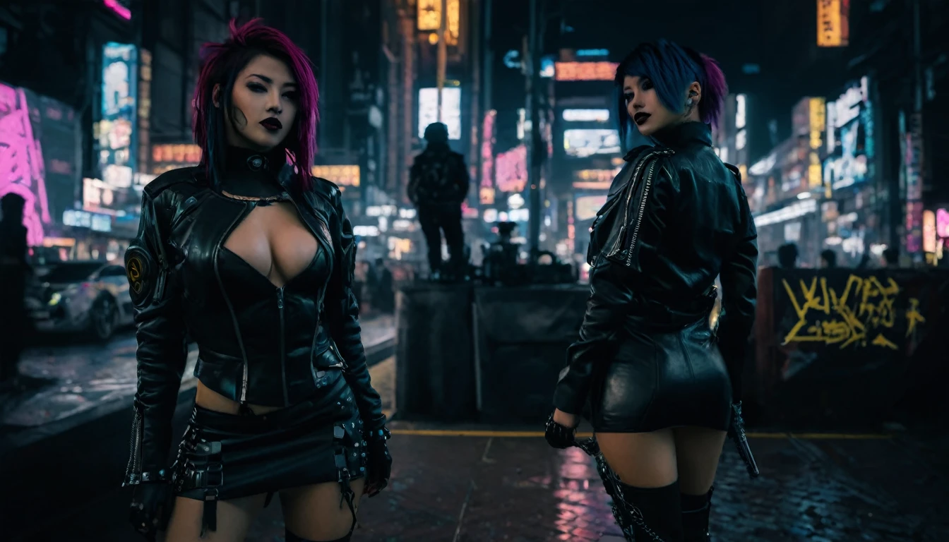 two women in leather clothes in a city at night, cyberpunk 2 0 anos. oh garota modelo, roupa ciberpunks, estilo de cyberpunk 2 0 7 7, ciberpunk hiroshima, Oppai Cyberpunk, cyberpunk judy alvarez, garota de anime cyberpunk feminina, garota ciberpunk, roupa ciberpunk, moda ciberpunk, terno ciberpunk, roupas ciberpunk, vestido ciberpunk, estilo cyberpunk hiper-realista