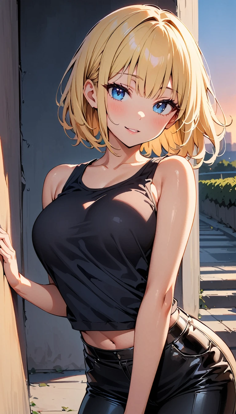 (highest quality, 4K, 8K High Resolution, masterpiece:1.2), Very detailed, one person, woman, (blonde, Medium Hair, Bobcut, blue eyes), Standing pose, Sexy vibe, Attractive breasts, Magic Hour, (Black Tank Top, Leather pants style), Emphasis on individuality and uniqueness, Beautiful and beautiful eyes, Beautiful lip detail, Long eyelashes, Bright colors, Photo Spot, In front of a white wall, Cowboy Shot, Soft and warm color palette.