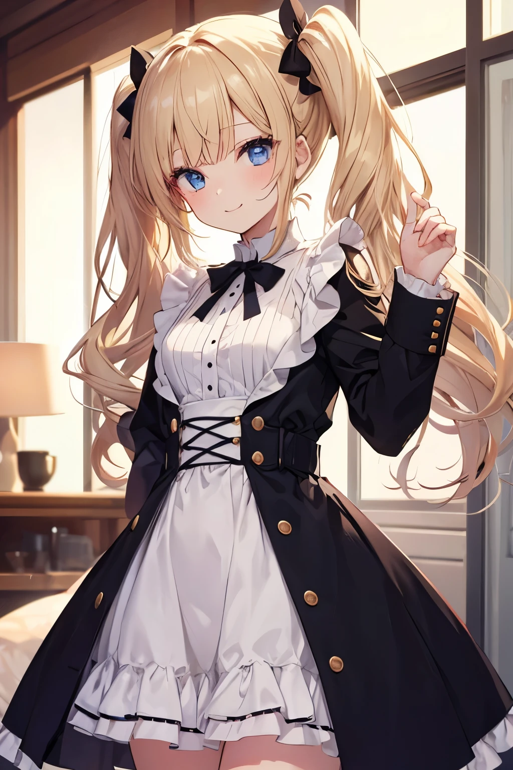 Blonde、Blue Eyes、girl、Small breasts、Twin tails、girl、Small breasts、ta、Bright smile、Looks about 15 yan Musume、He is short、Eye highlights、Sexy thighaid clothes、Have a coffee