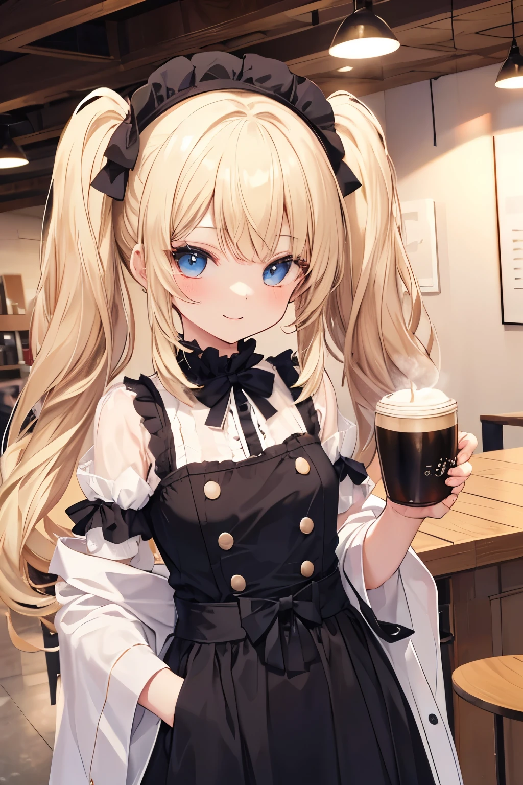 Blonde、Blue Eyes、girl、Small breasts、Twin tails、girl、Small breasts、Lolita、Bright smile、Looks about 15 years old、Petan Musume、He is short、Eye highlights、Sexy thighaid clothes、Have a coffee