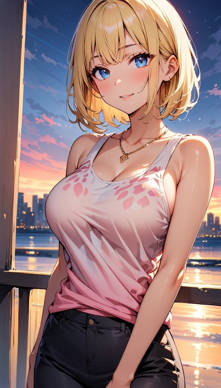 (highest quality, 4K, 8K High Resolution, masterpiece:1.2), Very detailed, one person, woman, (blonde, Medium Hair, Bobcut, blue eyes), Standing pose, Sexy vibe, Attractive breasts, Magic Hour, ([leopard pattern]Tank top, necklace, Black pants style), Emphasis on individuality and uniqueness, Beautiful and beautiful eyes, Beautiful lip detail, Long eyelashes, Bright colors, Photo Spot, In front of a white wall, Cowboy Shot, Soft and warm color palette.