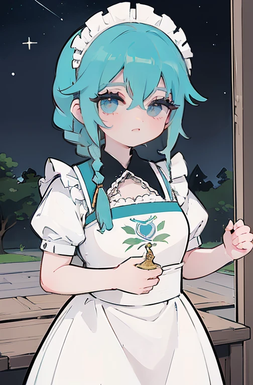 (Obra de arte, arte oficial), 1 garota, Sozinho, cabelo branco, side braids, olhos azuis, (Sakuya Izayoi:1.2), (housekeeper dress), (fechar-se), retrato, (housekeeper), standing, Vista de frente, in the mansion, Gensokyo, at night, escuro, luar, olhando para o espectador, (tronco), sorriso, sedutor, traje atraente, magro, delgado, seios grandes
