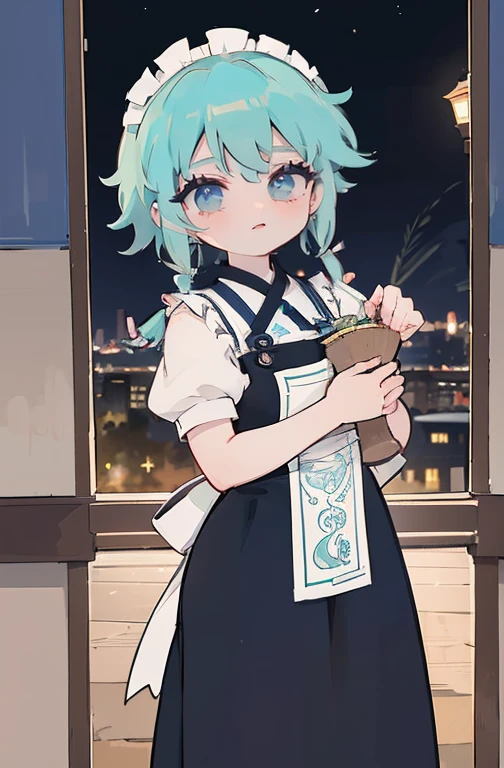 (Obra de arte, arte oficial), 1 garota, Sozinho, cabelo branco, side braids, olhos azuis, (Sakuya Izayoi:1.2), (housekeeper dress), (fechar-se), retrato, (housekeeper), standing, Vista de frente, in the mansion, Gensokyo, at night, escuro, luar, olhando para o espectador, (tronco), sorriso, sedutor, traje atraente, magro, delgado, seios grandes