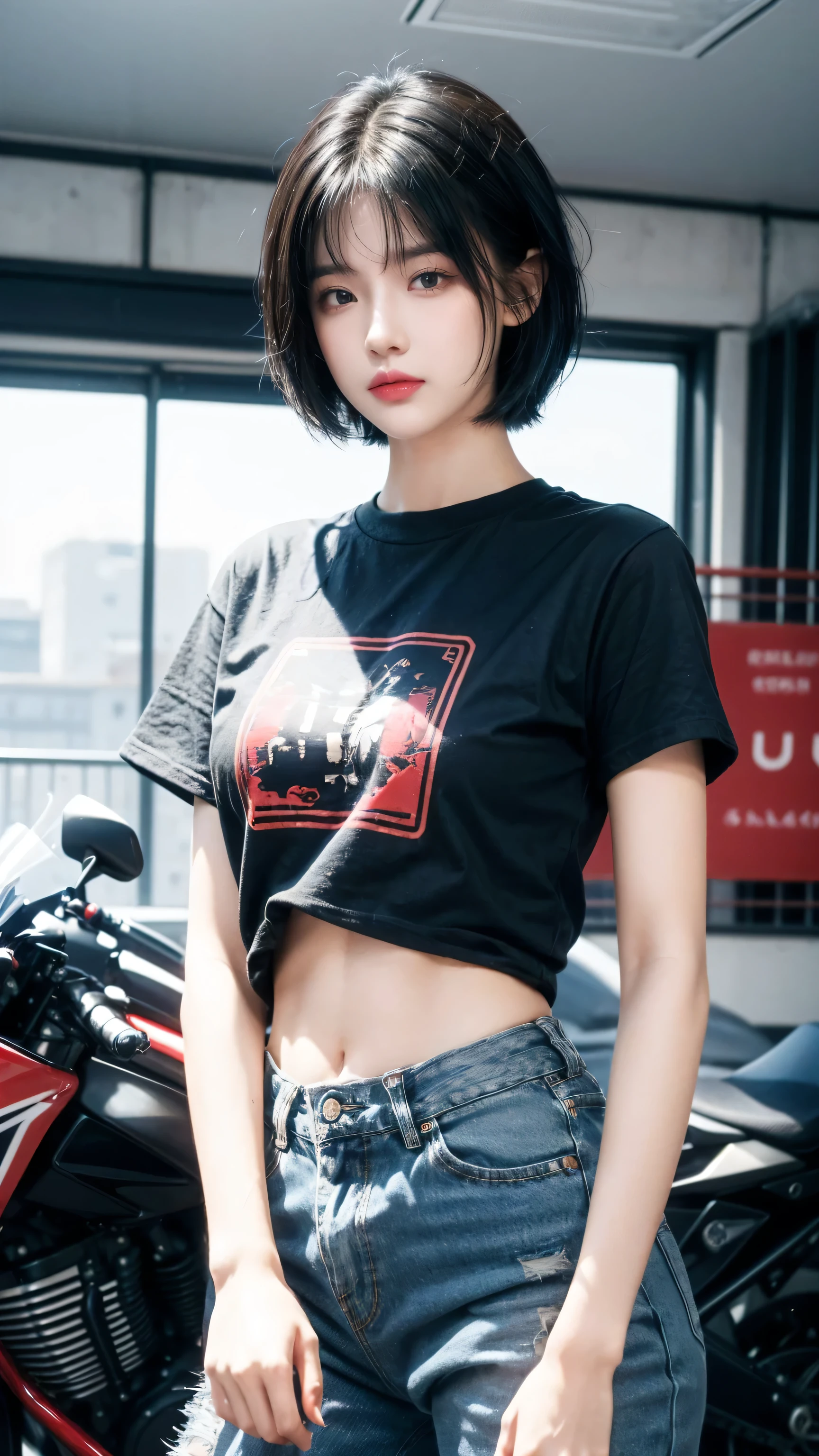 best quality, 1 Girl, dark blue hair, black eyes, Very short hair, Spiky hair, red oversize t-shirt, High waist short jeans, 171 cm, Messy hair, Hair between the eyes, Medium breasts, full, Tomboy, aldult, 20 years old, 1 Girl near red motorcycle