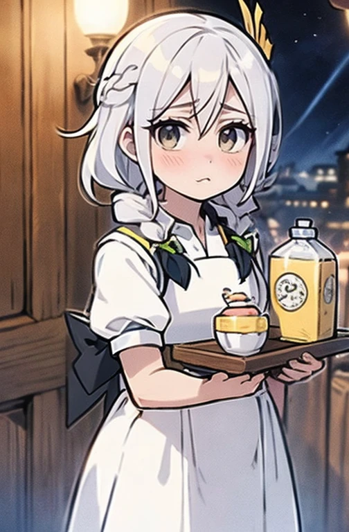 (Obra de arte, arte oficial), 1 garota, Sozinho, cabelo branco, side braids, olhos azuis, (Sakuya Izayoi:1.2), (housekeeper dress), (fechar-se), retrato, (housekeeper), standing, Vista de frente, in the mansion, Gensokyo, at night, escuro, luar, olhando para o espectador, (tronco), sorriso, sedutor, traje atraente, magro, delgado, seios grandes