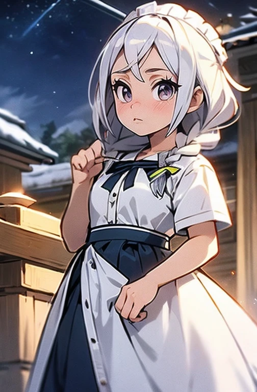 (Obra de arte, arte oficial), 1 garota, Sozinho, cabelo branco, side braids, olhos azuis, (Sakuya Izayoi:1.2), (housekeeper dress), (fechar-se), retrato, (housekeeper), standing, Vista de frente, in the mansion, Gensokyo, at night, escuro, luar, olhando para o espectador, (tronco), sorriso, sedutor, traje atraente, magro, delgado, seios grandes
